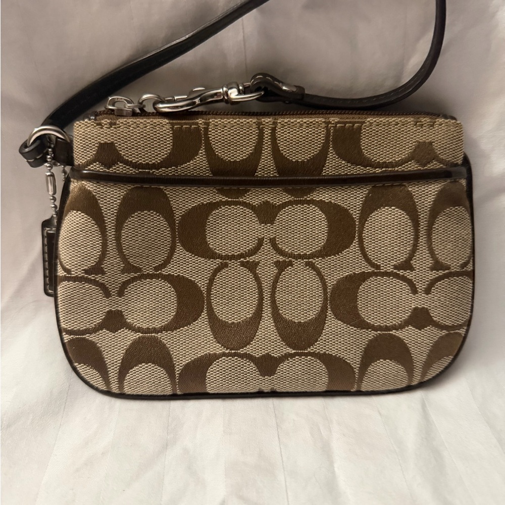 Coach Signature Mini Wrist Brown Khaki Y2K Canvas Leather Trim Zip Pouch